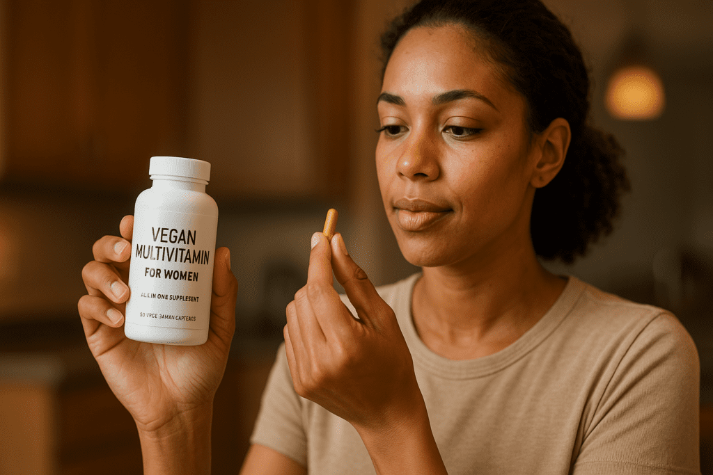 The Best Vegan Multivitamin for Women: What to Look For and How to Choose a Nutrient-Rich, All-in-One Supplement Backed by Science 1 A high-resolution, warm indoor ambient lighting photo features an African American woman in her late 20s holding a vegan multivitamin capsule and bottle in a softly lit kitchen. The cozy, modern background and her thoughtful expression emphasize the importance of choosing a nutrient-rich, all-in-one vegan supplement tailored for women’s health.