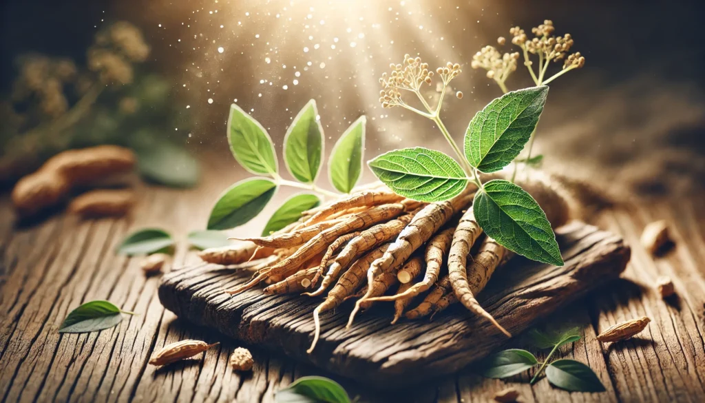 A natural medicine concept featuring ashwagandha roots and leaves arranged on a rustic wooden surface with warm sunlight, evoking a sense of herbal healing and holistic hormone balance.