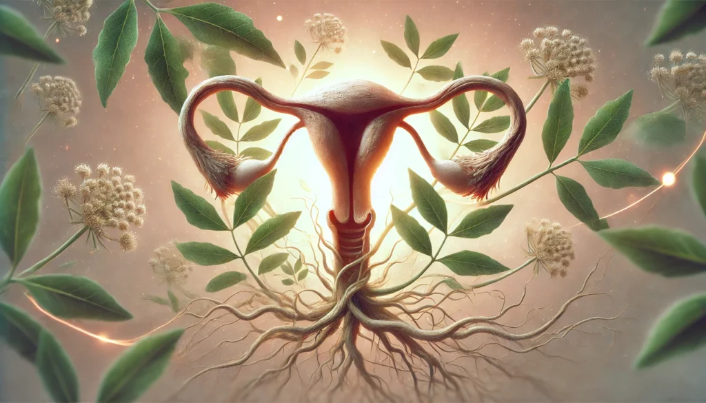 Ashwagandha and Menstrual Health: Can It Help with PMS, PMDD, or Disrupt Your Cycle? 1 An artistic depiction of the female reproductive system intertwined with ashwagandha roots and leaves, illustrating the connection between herbal medicine and menstrual cycle regulation. The image features soft, natural hues for a harmonious visual representation.