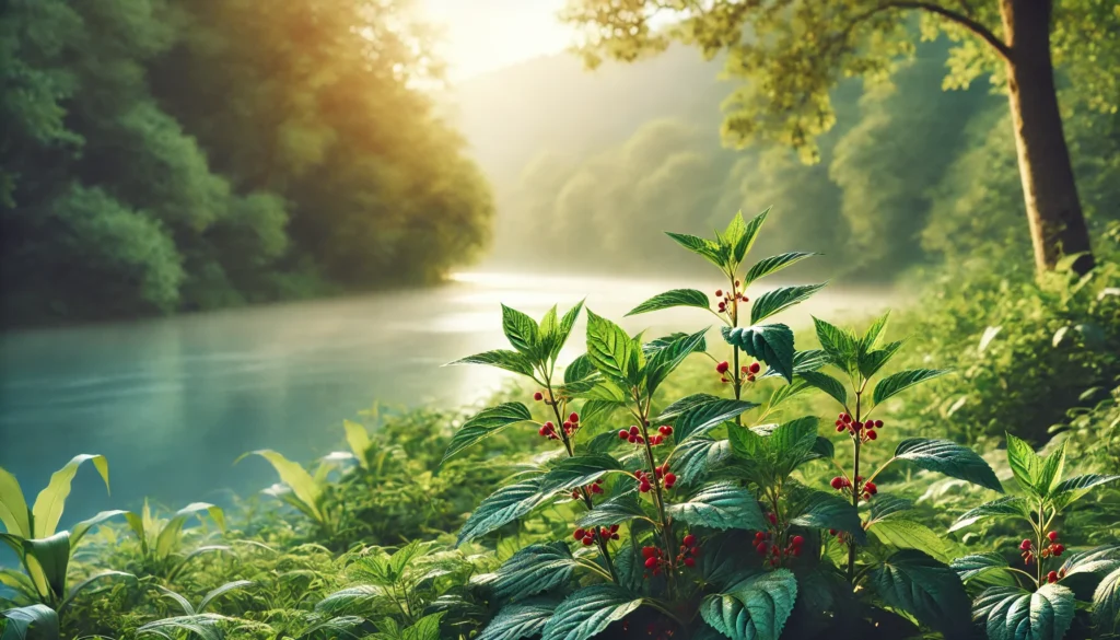 A close-up artistic depiction of a human heart with a glowing pulse wave surrounding it, symbolizing cardiovascular health. In the background, Ashwagandha roots and leaves subtly blend into the scene, representing natural heart support and balance.