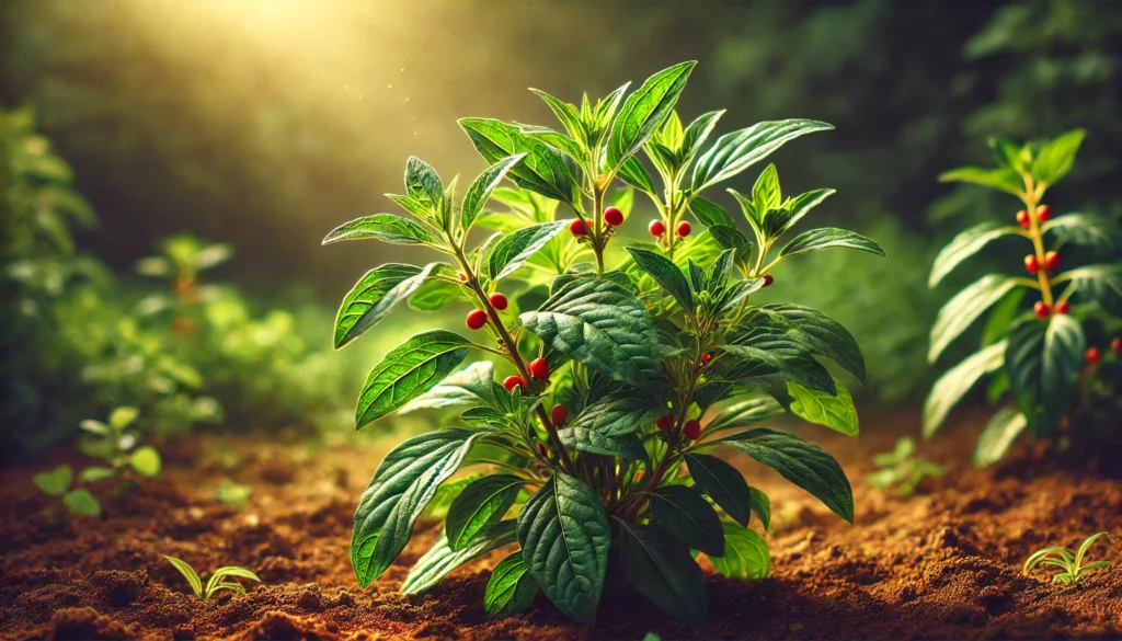 Difference Between Ashwagandha and Ashwagandha Root: What You Need to Know for Maximum Benefits 1 A vibrant ashwagandha plant growing in its natural environment, with lush green leaves and small red berries illuminated by warm sunlight.