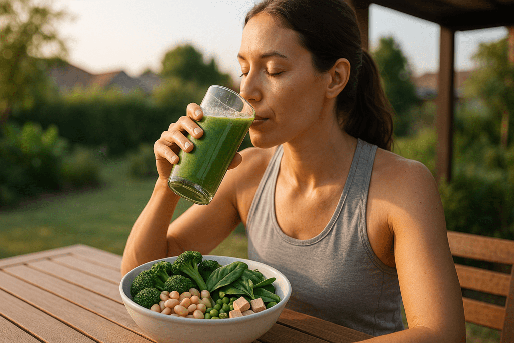 Best Foods High in Protein Vegetables: How to Build a Science-Backed Protein and Veggie Diet for Optimal Health 1 A young woman in a gray athletic tank top drinks a green protein smoothie at an outdoor wooden table during the early morning. The scene is softly lit with natural light, and in front of her is a bowl filled with high-protein vegetables including broccoli, white beans, spinach, peas, and tofu. This peaceful setting highlights a science-backed, plant-based approach to building a protein-rich diet with vegetables.