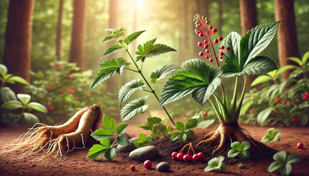 Ashwagandha vs. Ginseng: Key Differences, Benefits, and Which One Is Right for You? 1 A serene herbal setting featuring ashwagandha and ginseng plants in their natural environments, with ashwagandha growing in dry soil and ginseng thriving in a lush, forested area.