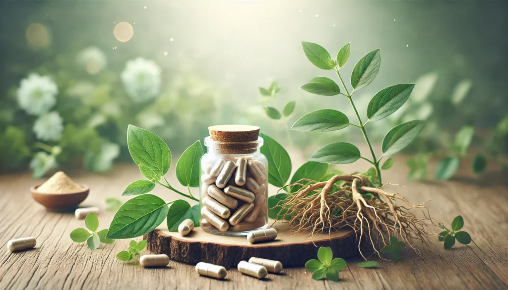 Best Ashwagandha Supplements of 2025: Top Rated Brands for Stress, Sleep & Energy 1 A tranquil scene featuring a glass jar filled with Ashwagandha capsules, fresh roots, and vibrant green leaves, set against a softly lit background to convey relaxation, vitality, and holistic wellness.