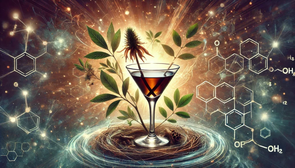 Can You Drink While Taking Ashwagandha? What Experts Say About Safety & Side Effects 1 A mystical cocktail glass surrounded by ashwagandha roots and scientific symbols, representing alcohol and herbal interaction.