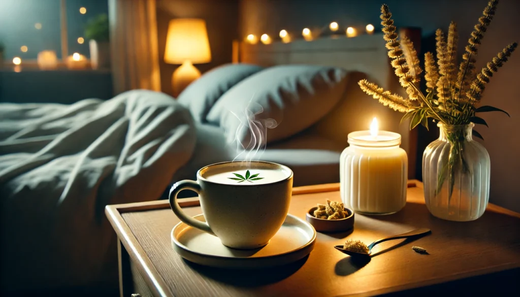 Best Practices for Taking Ashwagandha: Morning or Night, Empty Stomach or With Food? 1 A calming nighttime scene featuring a cup of warm ashwagandha-infused milk on a bedside table with soft lighting and a cozy atmosphere, representing nighttime use for relaxation and sleep.