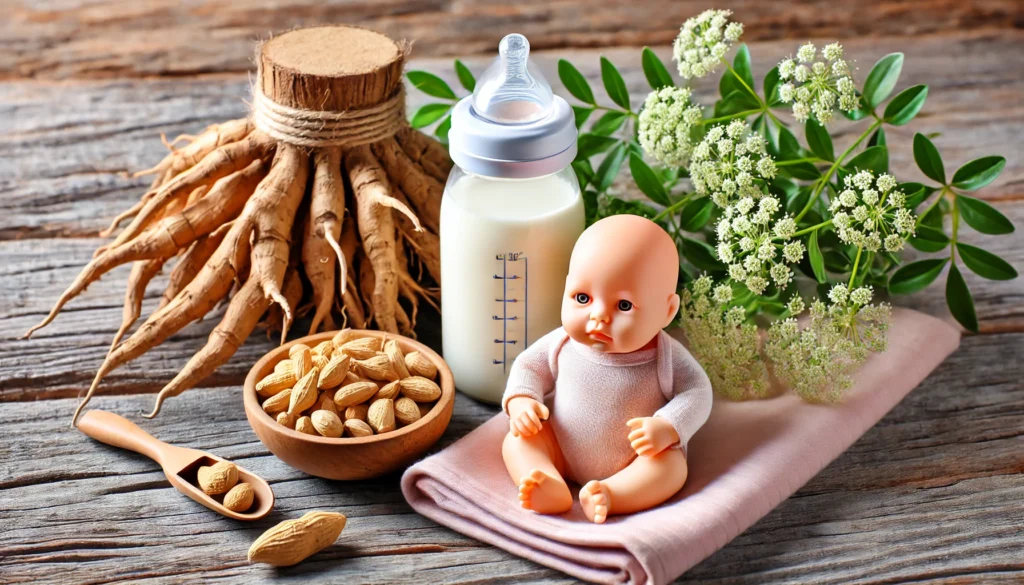 Is Ashwagandha Safe While Breastfeeding? What Moms Need to Know 1 "A close-up of ashwagandha roots and supplements placed next to a bottle of breast milk and a baby bottle, symbolizing the discussion of ashwagandha use while breastfeeding."