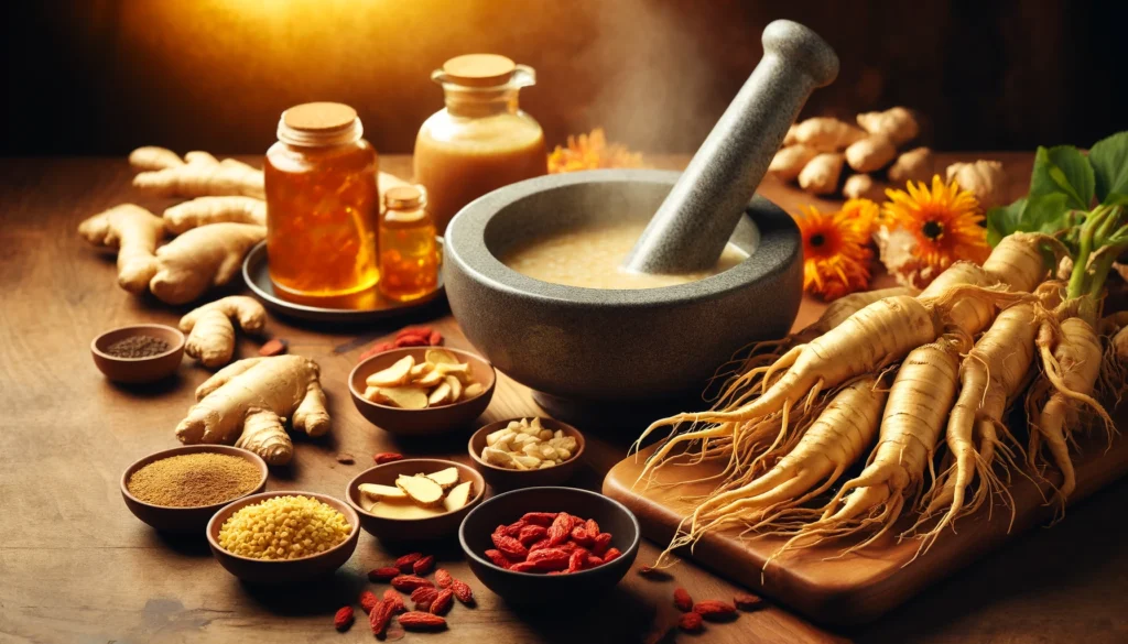 Best Ways to Use Fresh Ginseng Root for Energy, Immunity, and Overall Wellness 1 A vibrant wellness-themed kitchen scene with fresh ginseng roots, a mortar and pestle crushing ginseng, and a simmering pot of ginseng broth, surrounded by ginger and goji berries for an enhanced health-boosting effect.