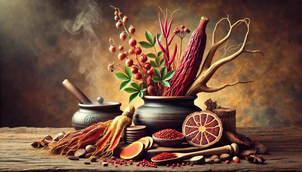 Best Chinese Herbs for Erectile Dysfunction: Natural Remedies for Prolonged Power 1 A vibrant still life of red ginseng, maca root, and deer antler velvet, arranged on a rustic wooden table with steam rising from a herbal decoction, emphasizing traditional Chinese medicine for male enhancement.