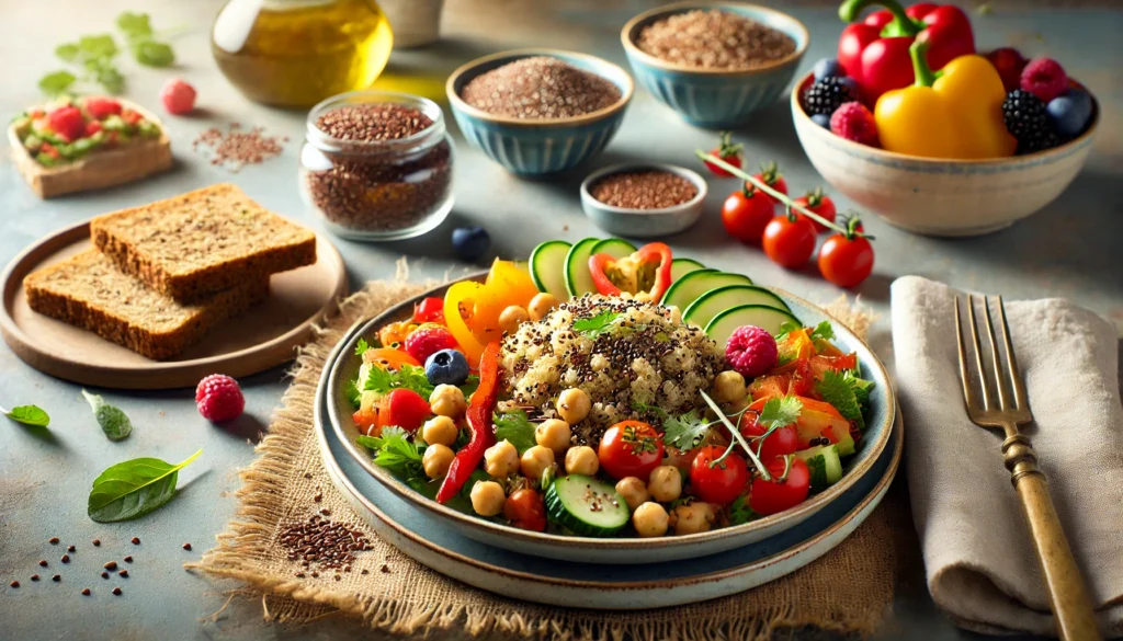 A beautifully arranged plate featuring a fiber-rich meal with quinoa salad, chickpeas, colorful vegetables, whole grain toast, and mixed berries, set in a natural dining environment.