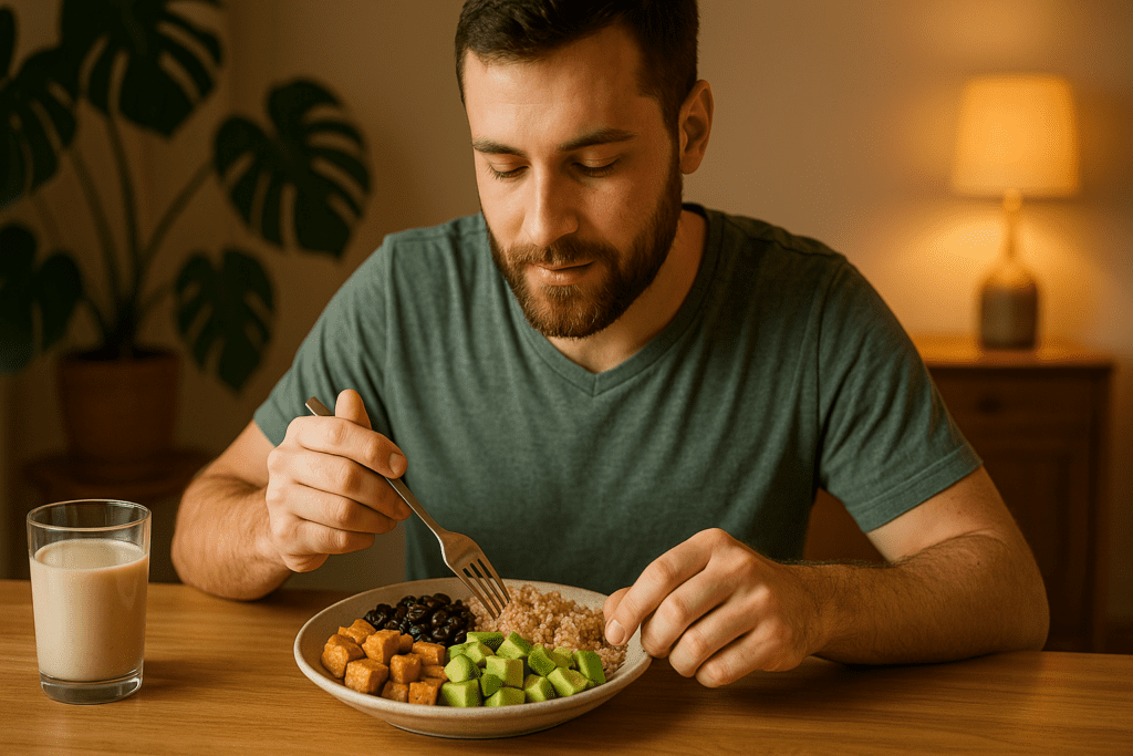 How to Get Complete Protein on a Plant-Based Diet: Best Vegan and Vegetarian Protein Combinations Backed by Science 1 A bearded young man in a warmly lit room enjoys a colorful plant-based meal of quinoa, black beans, avocado, and tofu, illustrating a complete vegan protein combination. The cozy ambient lighting and indoor setting emphasize the simplicity and nourishment of vegetarian protein sources.