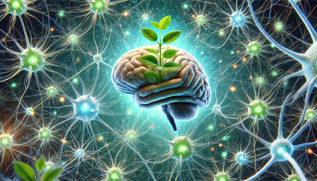 A futuristic visualization of a human brain surrounded by glowing neurons, with ashwagandha plants intertwined, representing neuroprotection, cognitive support, and enhanced memory function.