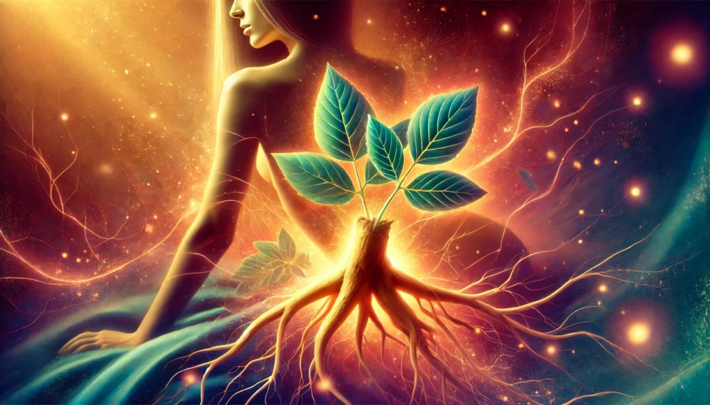 A vibrant artistic depiction of ashwagandha roots and leaves glowing with energy, symbolizing vitality and natural wellness. The background features a warm, sensual ambiance, evoking feelings of passion, rejuvenation, and enhanced intimacy.