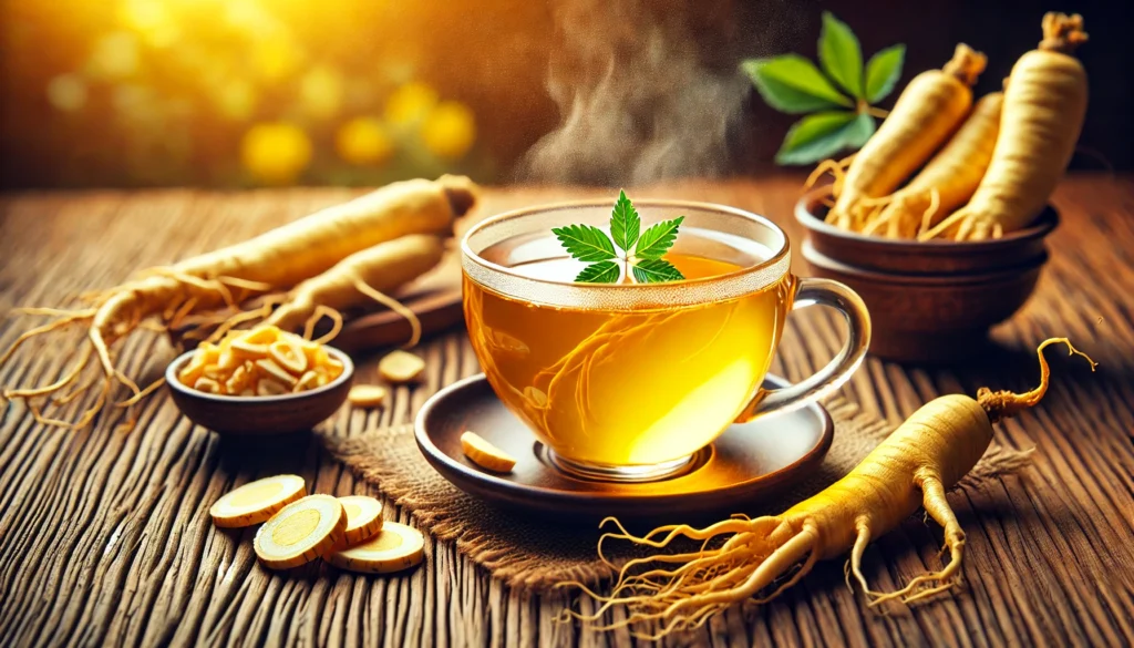 "White Korean Ginseng: Science-Backed Benefits and How It Supports Your Health" 1 A steaming cup of golden ginseng tea infused with white Korean ginseng roots, surrounded by scattered ginseng slices on a wooden surface.