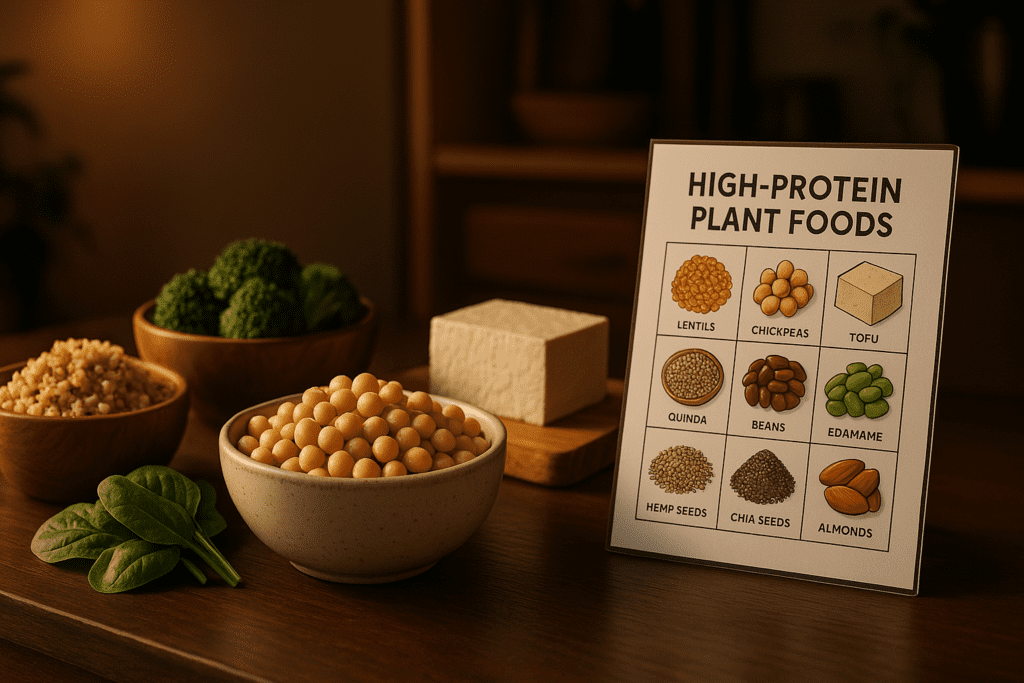A wooden kitchen counter glows under warm ambient lighting, showcasing bowls of chickpeas, quinoa, broccoli, and tofu arranged beside a chart titled "High-Protein Plant Foods." The inviting, earthy setting visually reinforces easy vegetarian ways to get enough protein through diverse plant-based ingredients.