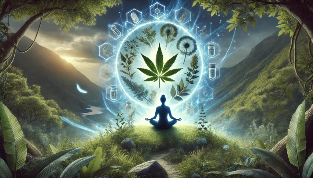 A meditative person in nature, surrounded by a glowing herbal aura, visually symbolizing the stress-relieving and adaptogenic benefits of Sensoril ashwagandha.
