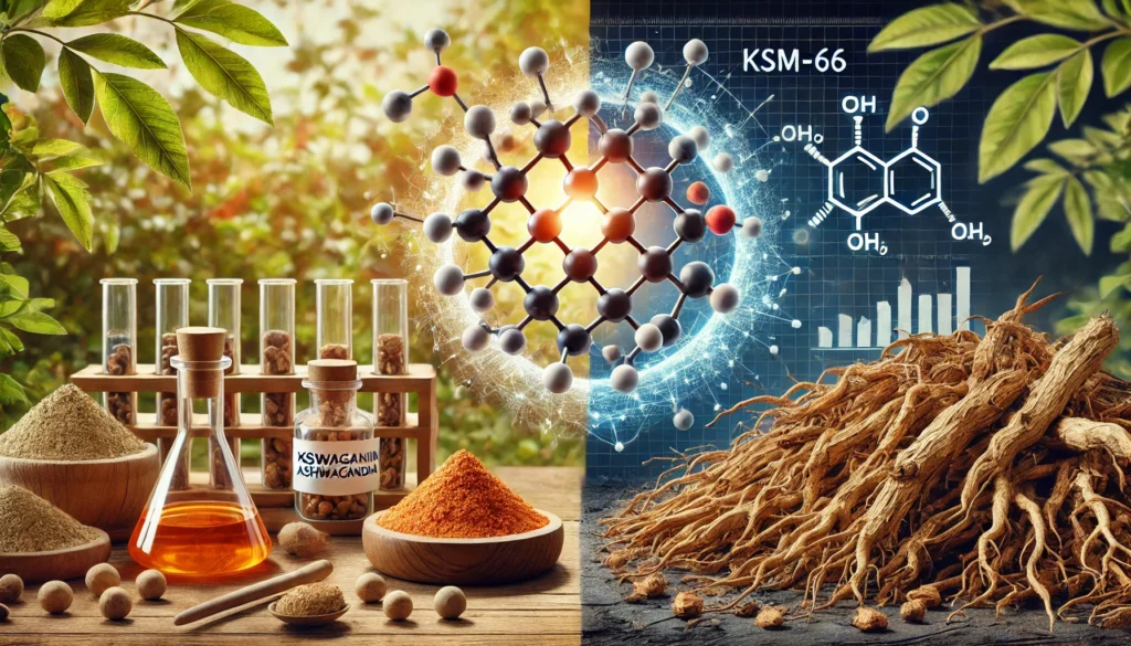 KSM-66 vs. Traditional Ashwagandha: What Science Says About Their Benefits and Differences 1 A conceptual illustration highlighting the molecular differences between KSM-66 Ashwagandha and traditional Ashwagandha, with a magnified molecular structure in a high-tech lab on one side and raw ashwagandha roots in a natural setting on the other.
