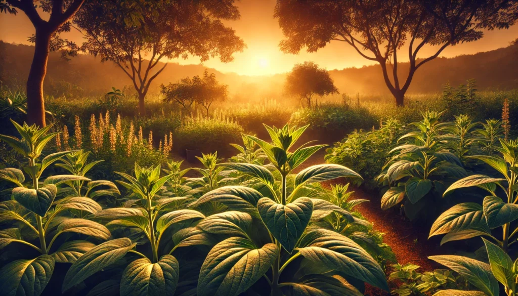 A tranquil herbal garden showcasing lush ashwagandha plants bathed in a warm golden sunset, surrounded by a natural, peaceful landscape.