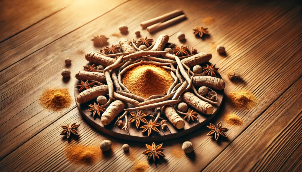 A conceptual display of ashwagandha roots and powder on a wooden surface, highlighting its natural healing and adaptogenic properties for overall wellness.