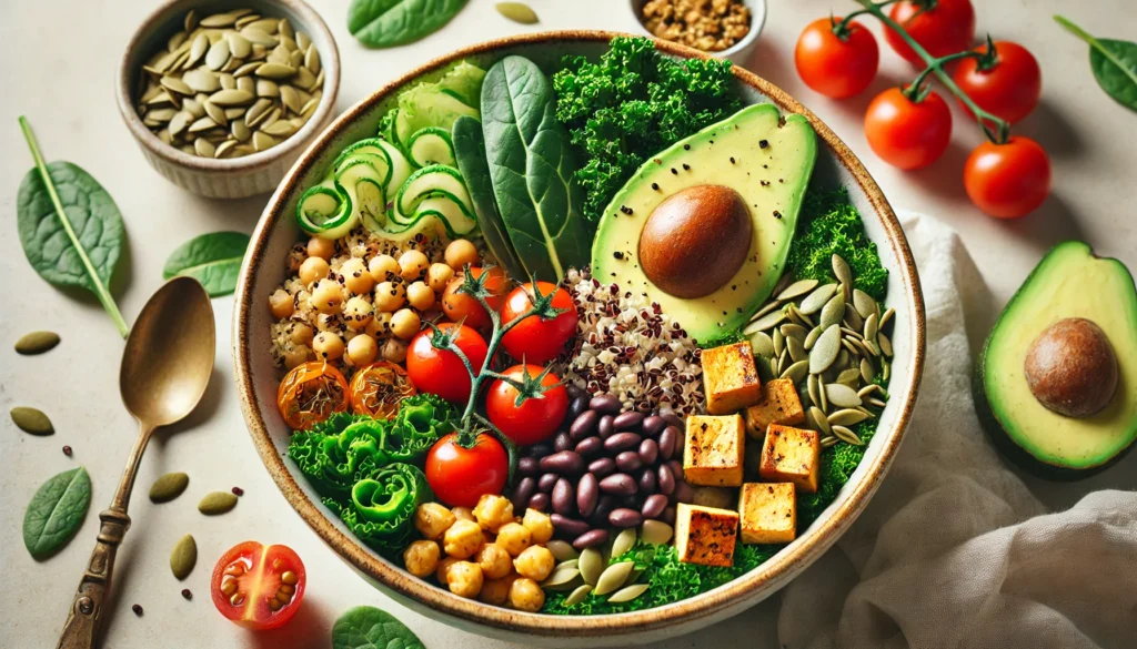 A vibrant, nutrient-dense salad bowl filled with high-protein and fiber-rich ingredients, including quinoa, chickpeas, black beans, kale, avocado, cherry tomatoes, pumpkin seeds, and grilled tofu, artfully arranged with fresh colors and textures.