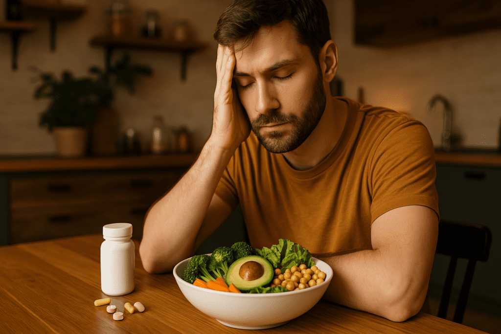 Vegan and Vegetarian Vitamin Deficiencies: Common Nutrient Gaps, Symptoms, and How to Prevent Them Naturally 1 A tired-looking man sits at a wooden kitchen table under warm ambient lighting, resting his head on one hand with his eyes closed. A bowl of vegan food and a bottle of supplements beside him underscore the challenges of preventing vitamin deficiencies on a plant-based diet.
