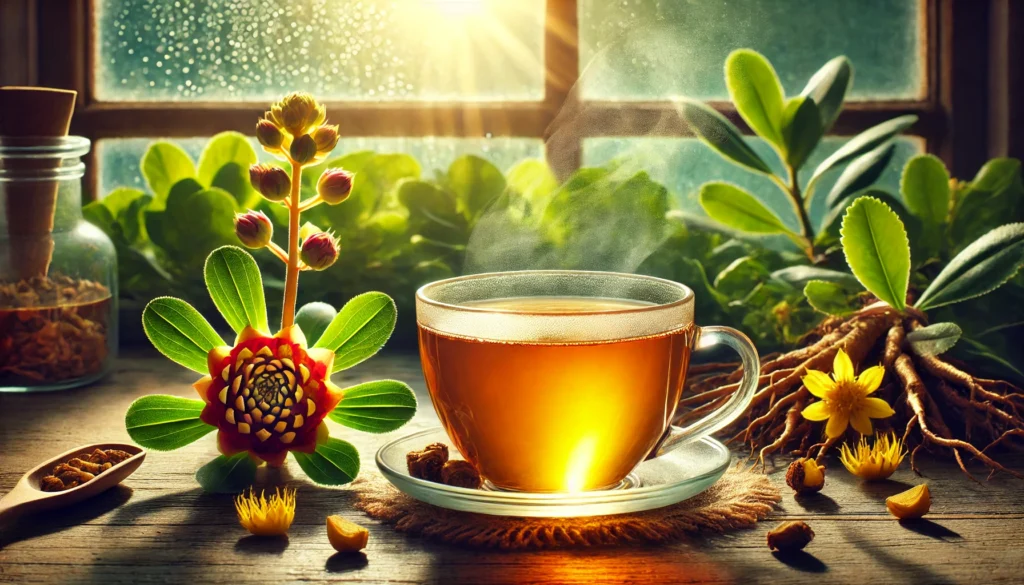 A revitalizing scene with a steaming cup of rhodiola tea near a window, illuminated by morning sunlight. The golden-brown tea exudes warmth and energy, symbolizing endurance and vitality.
