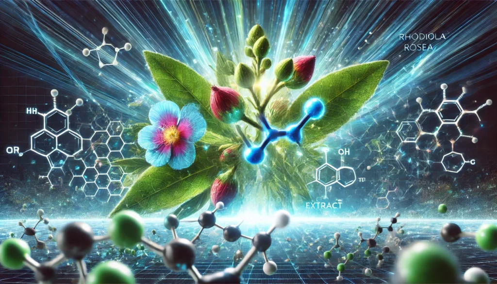 How Rhodiola Rosea May Support Testosterone Levels: What Science Says 1 A futuristic digital illustration of testosterone molecules interacting with Rhodiola Rosea extract, visualized as glowing botanical elements merging with molecular structures, symbolizing scientific research on hormonal balance.