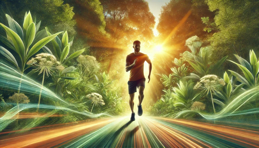 Rhodiola Rosea for Weight Loss: Benefits, Dosage, and Best Practices 1 A dynamic fitness scene of a jogger running through a natural setting at sunrise, symbolizing the energy-boosting and endurance-enhancing effects of Rhodiola Rosea.