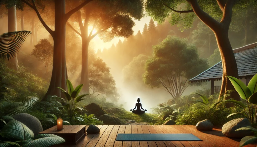 A person practicing yoga outdoors in a misty forest, representing stress relief, adrenal health, and relaxation.
