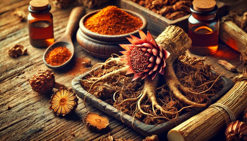Rhodiola Rosea: The Best Supplement for Stress, Energy, and Mental Clarity? 1 A close-up of Rhodiola Rosea roots and dried herbal extracts placed on a rustic wooden table, with warm natural lighting emphasizing the earthy textures and traditional medicinal properties of the herb.