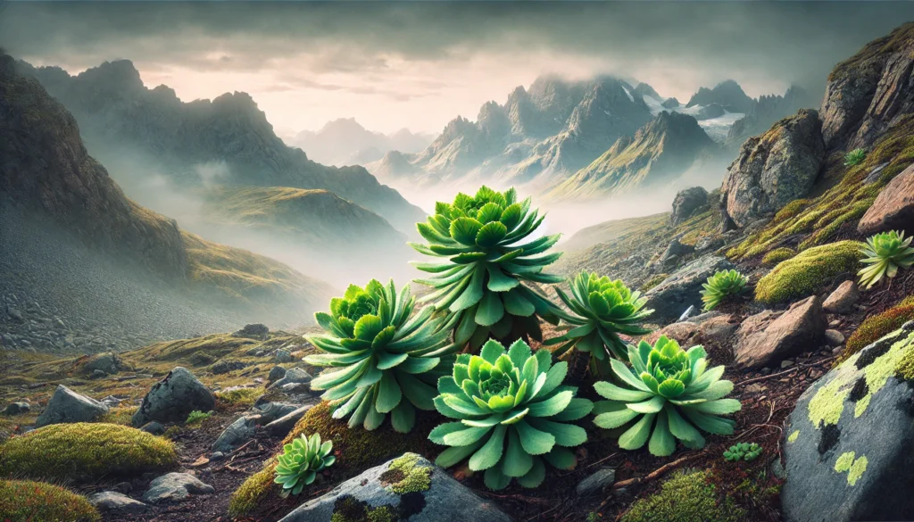 Rhodiola Rosea Reviews: What Science Says About This Powerful Adaptogen for Stress and Energy 1 A scenic view of Rhodiola rosea plants growing in a mountainous landscape, surrounded by rugged rocks and misty peaks. The hardy plants symbolize resilience and adaptogenic qualities in extreme environments.