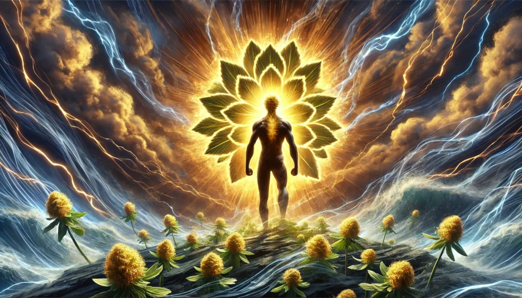 How Rhodiola Rosea Supports Stress Resilience: Understanding Its Mechanism of Action 1 An artistic depiction of stress resilience, featuring a calm human figure surrounded by a turbulent storm, protected by golden energy representing Rhodiola rosea’s adaptogenic effects.