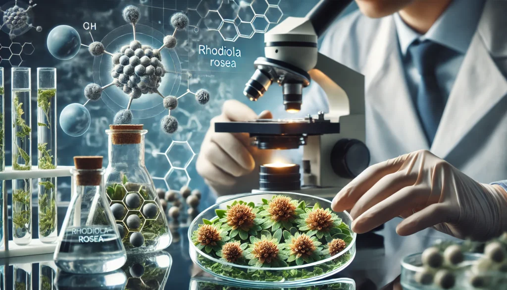 A scientific laboratory setting featuring glass petri dishes with Rhodiola Rosea extracts. A researcher wearing gloves examines the herbal compounds under a microscope, with molecular structures and fertility-related diagrams in the background, representing scientific research on natural fertility support.