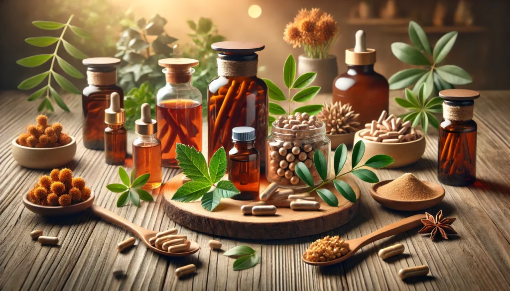 Best Rhodiola Supplements for Stress, Energy, and Mental Clarity: Expert Picks and Reviews 1 A wellness-themed arrangement of Rhodiola supplements in capsules, tinctures, and powdered extract, displayed on a wooden table with natural elements, evoking vitality and energy.