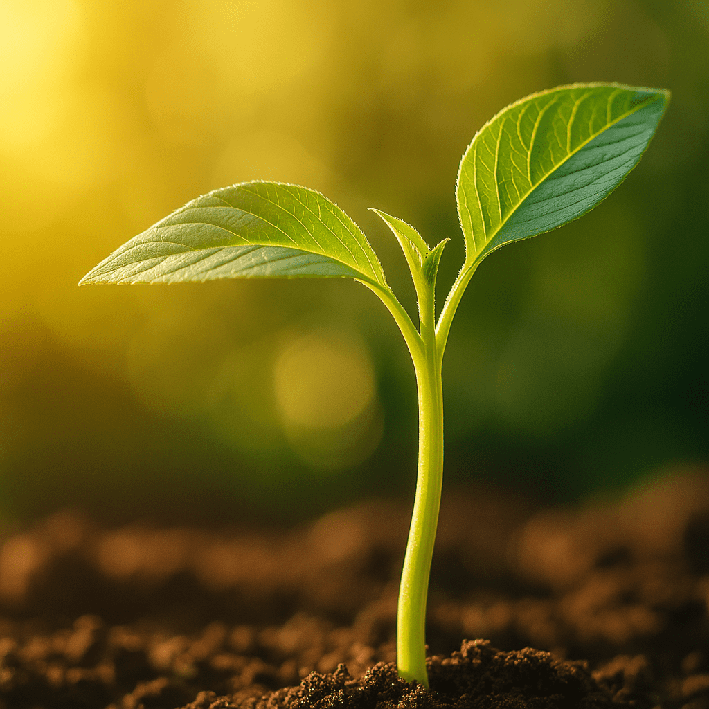 What Are the 3 Primary Macronutrients Plants Need? How Nitrogen, Phosphorus, and Potassium Support Growth, Health, and Vitality 2 Single green seedling with two bright leaves emerging from rich soil, symbolizing the role of plant macronutrients in early vegetative growth.