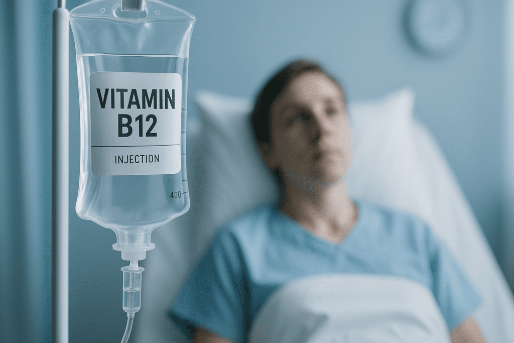 A clear IV bag labeled “VITAMIN B12 INJECTION” hangs prominently in the foreground of a clinical room, while a young woman in a hospital bed gazes at it calmly in the background. The cool, sterile lighting and minimalist medical setting highlight one method vegans use to address B12 deficiency through medically supervised supplementation.