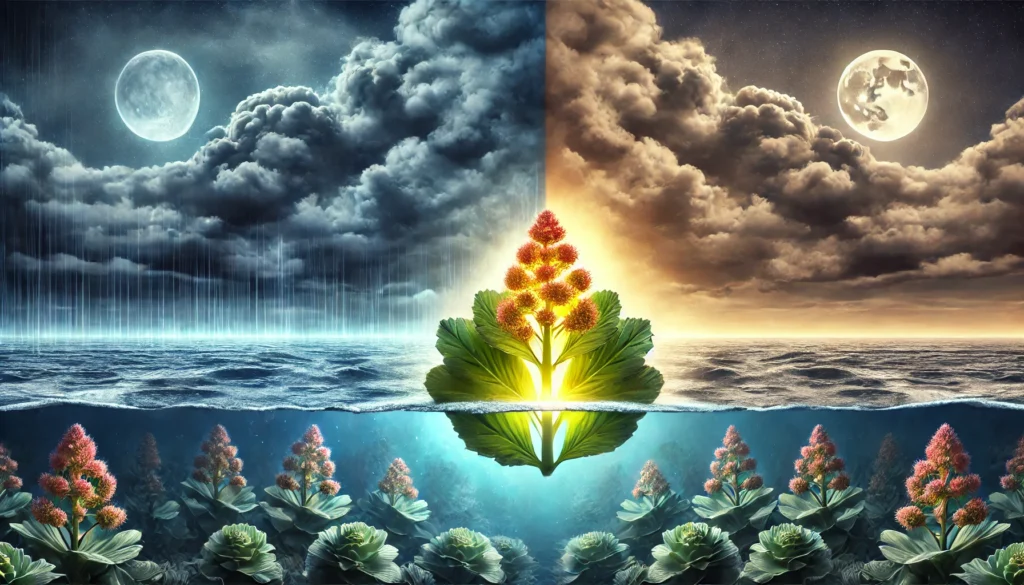 A conceptual representation of mood stability, featuring a stormy sky transitioning into a clear, peaceful one, with a radiant Rhodiola Rosea plant bridging the two extremes.