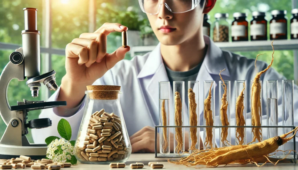 A close-up of a scientist in a laboratory inspecting ginseng supplement capsules, with test tubes and natural herbs in the background, highlighting research and quality control in supplement production.