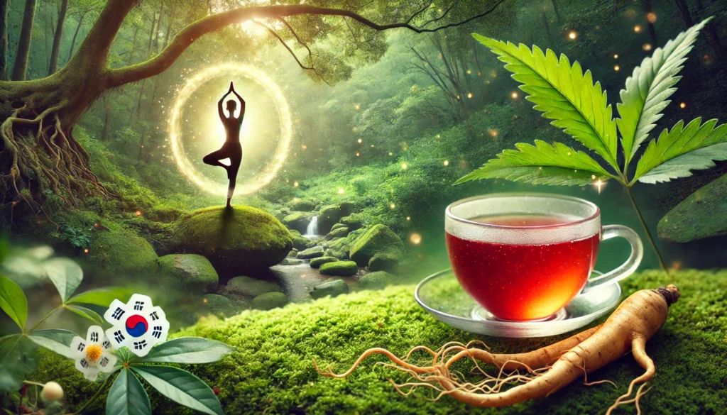A tranquil forest scene where a person practices yoga, surrounded by an ethereal glow representing vitality and mindfulness, with a cup of Korean red ginseng tea resting on a moss-covered rock.