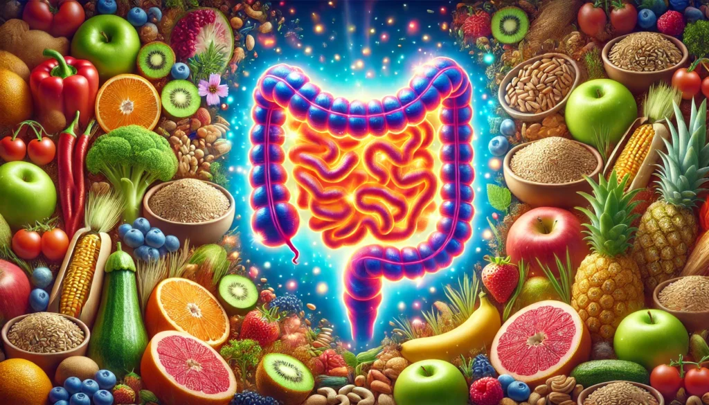 A vibrant, high-quality illustration of a healthy digestive system with a glowing, well-functioning intestine surrounded by fiber-rich foods such as fruits, vegetables, whole grains, and legumes.