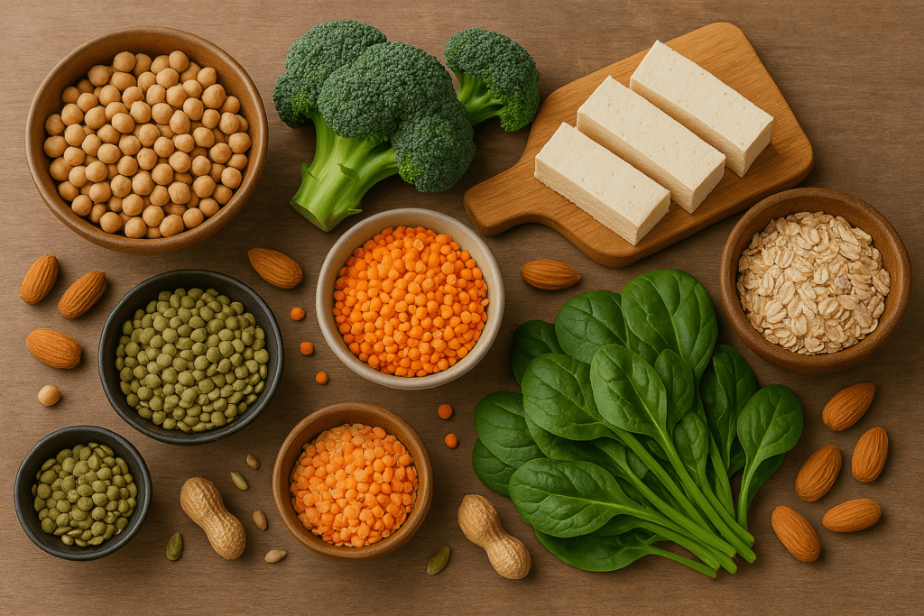 Best Plant-Based Protein Sources for a High-Protein Vegan Diet: What Science Says About Meeting Your Needs Naturally 2 "Natural assortment of high-protein vegan foods on a wooden surface, featuring chickpeas, red lentils, green peas, spinach leaves, tofu slices, rolled oats, almonds, broccoli, and peanuts—showcasing diverse plant-based protein sources for a healthy diet."