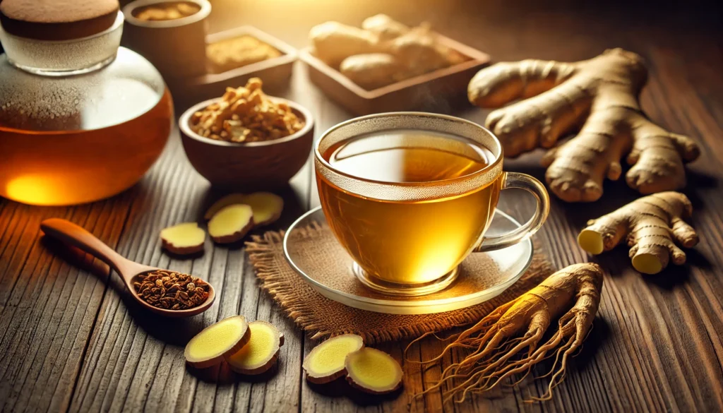 A warm cup of herbal tea infused with ginger and ginseng, surrounded by fresh ginger slices and dried ginseng roots, with natural lighting enhancing the golden hue of the tea.