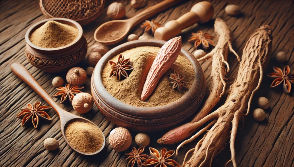 Ashwagandha for Female Fertility: How It May Support Hormonal Balance & Conception 2 A close-up of Ashwagandha roots and powder in a traditional herbal preparation setting, emphasizing its natural, organic essence and benefits for female reproductive health.