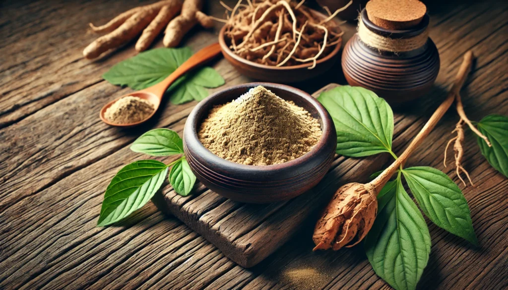 A visually engaging still life of ashwagandha root powder in a wooden bowl, accompanied by fresh ashwagandha leaves and roots on a rustic wooden table, emphasizing natural health and holistic wellness.