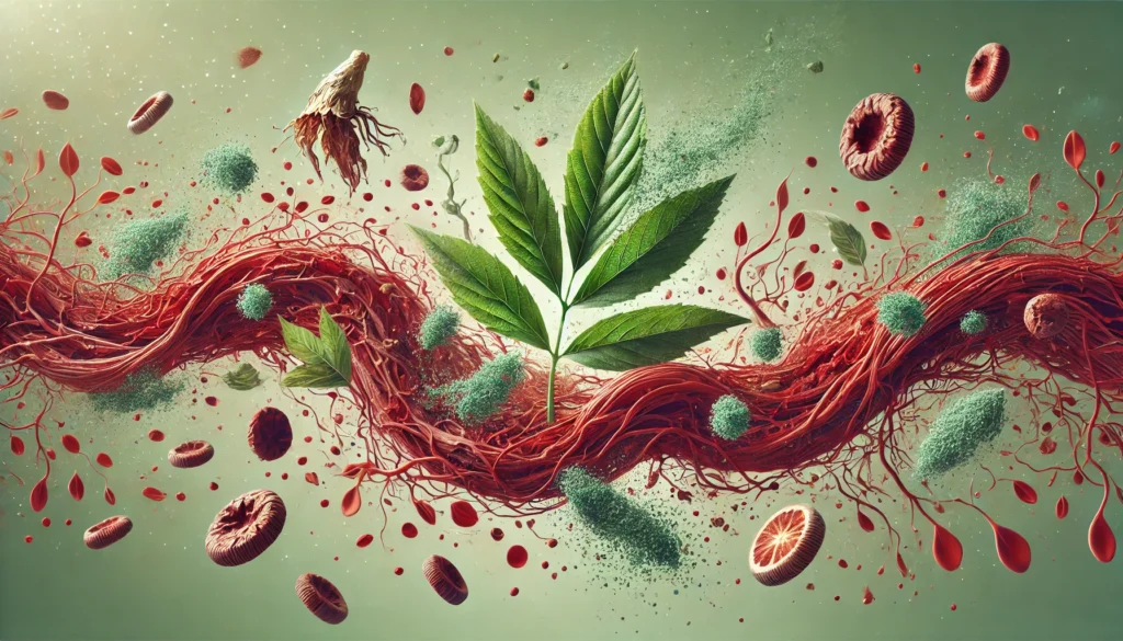 How Long Does Ashwagandha Stay in Your System? Understanding Its Half-Life and Effects 2 A nature-inspired rendering of Ashwagandha breaking down inside the body, showing Ashwagandha leaves and roots transforming into tiny bioactive particles floating through a bloodstream-like environment. This symbolizes the herb’s journey through the body.