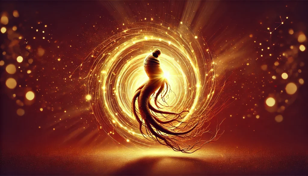 A dynamic scene of golden energy swirling around a Korean red ginseng root, symbolizing strength, endurance, and overall wellness.