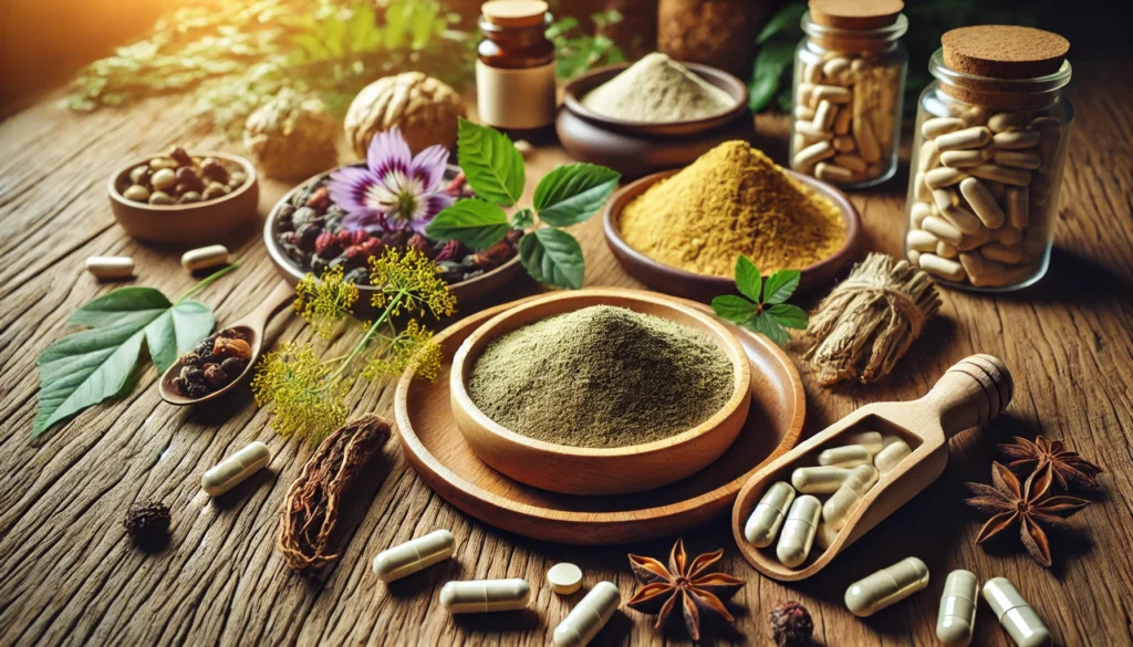 A close-up of herbal supplements in capsule and powder form, displayed on a wooden surface with scattered medicinal herbs such as ginseng, maca root, and horny goat weed, bathed in warm natural light to highlight their organic and holistic benefits.