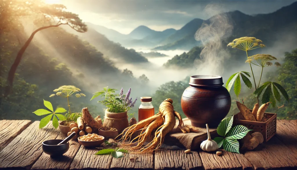 A tranquil scene of a steaming Korean ginseng root drink placed on a rustic wooden table, encircled by medicinal herbs and fresh ginseng roots, set against misty mountains with sunlight filtering through the serene atmosphere.