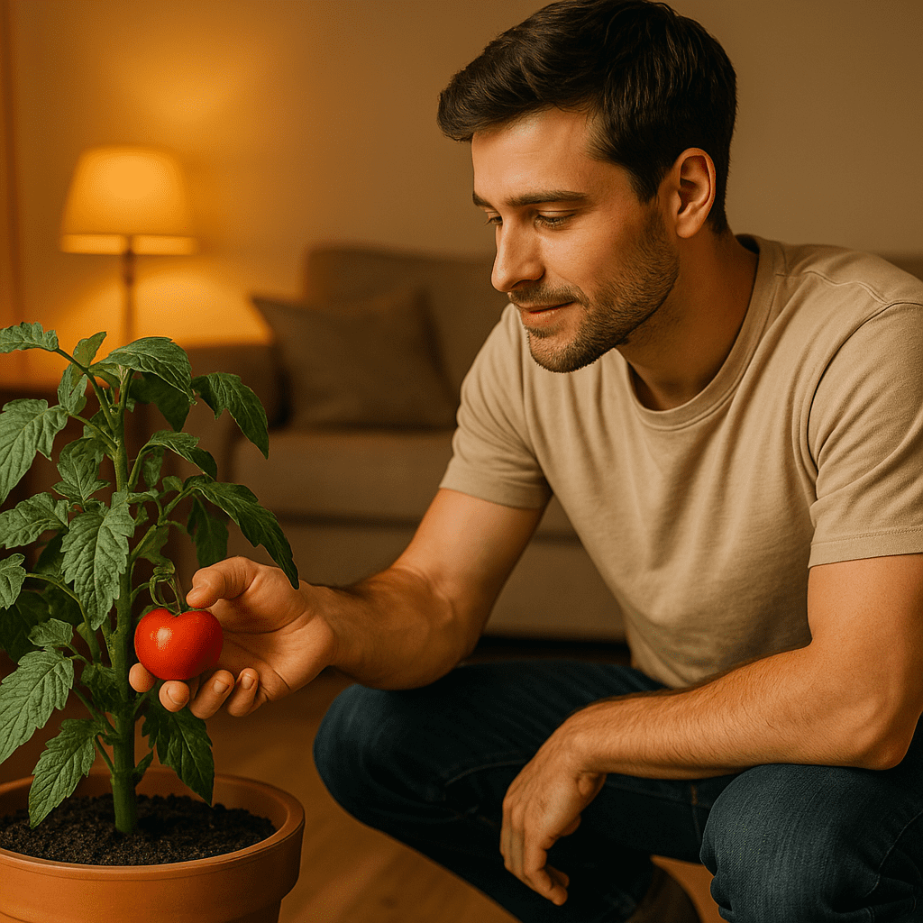 What Is One Nutrient Plants Need to Survive? Understanding Essential Nutrients for Plant and Human Health 2 A young man kneels indoors, gently inspecting a ripe tomato growing on a potted plant in a warmly lit living room. The ambient indoor lighting and calm expression on his face reflect the connection between caring for plants and understanding essential nutrients like phosphorus, which support strong root and fruit development in both home and garden settings.
