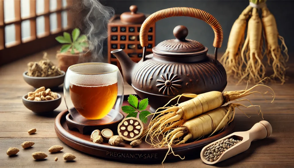 A close-up of a wooden table displaying a traditional teapot with steaming ginseng tea, fresh ginseng roots, and an assortment of pregnancy-safe herbs, emphasizing natural wellness and traditional herbal medicine.